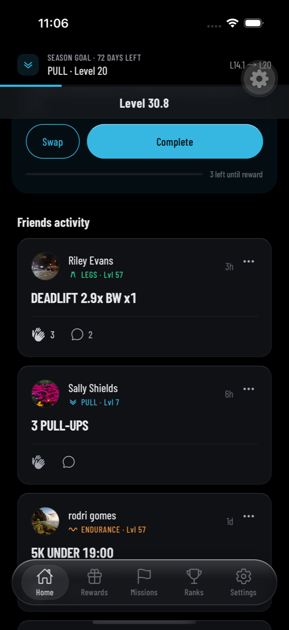 Friends activity feed showing completed missions from friends with kudos and comments