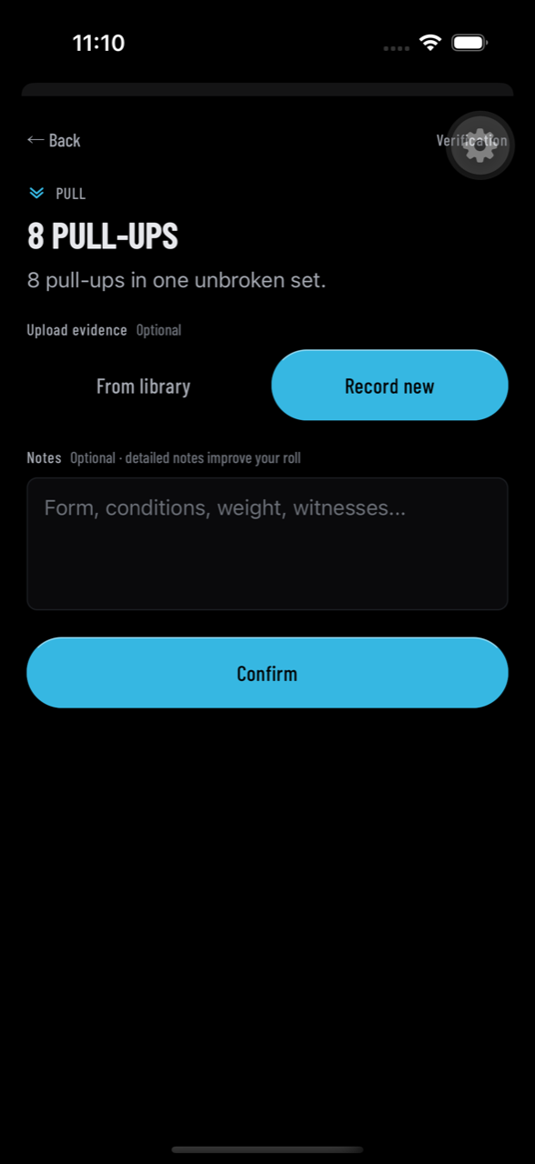 Documentation screen for the 8 pull-ups mission with optional photo or video evidence and notes